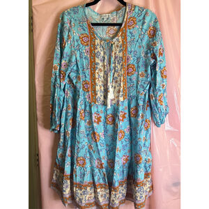Women's ELINGS Teal Orange Floral Bohemian Mini Dress Size L